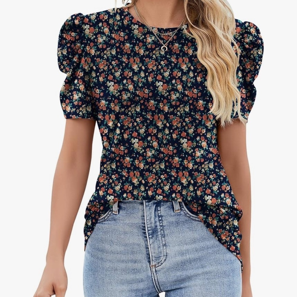 NWT Ivicoer Puff Short Sleeve Crewneck Blouse Loose Fit Top